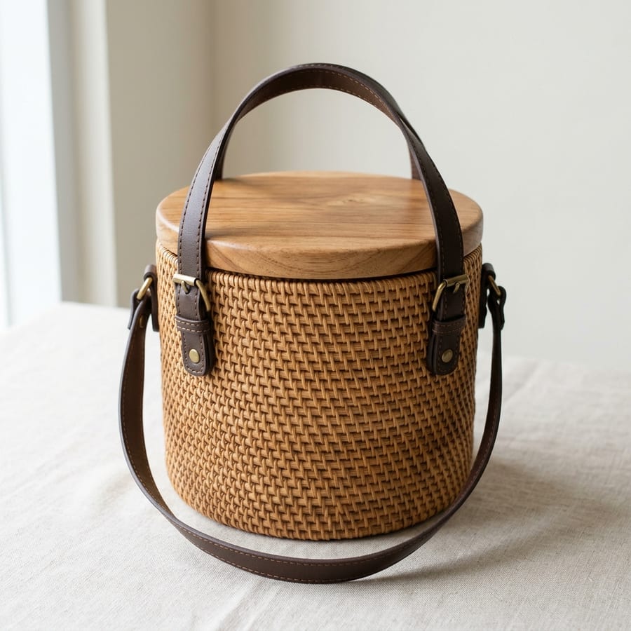 Tas Anyaman Rotan Tutup Kayu